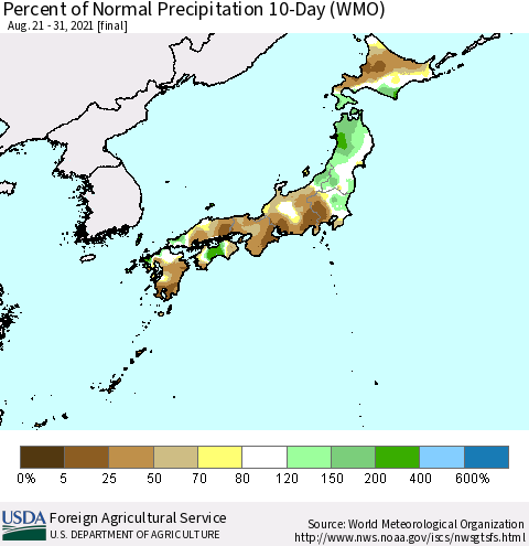 Japan Percent of Normal Precipitation 10-Day (WMO) Thematic Map For 8/21/2021 - 8/31/2021