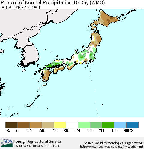 Japan Percent of Normal Precipitation 10-Day (WMO) Thematic Map For 8/26/2021 - 9/5/2021