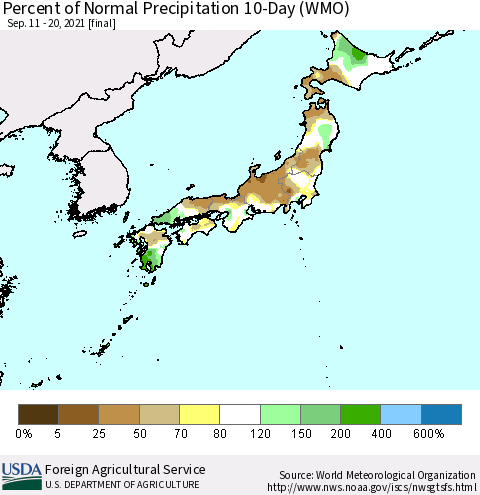 Japan Percent of Normal Precipitation 10-Day (WMO) Thematic Map For 9/11/2021 - 9/20/2021