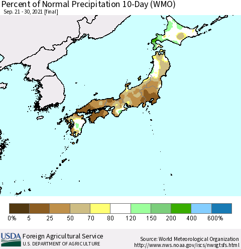Japan Percent of Normal Precipitation 10-Day (WMO) Thematic Map For 9/21/2021 - 9/30/2021