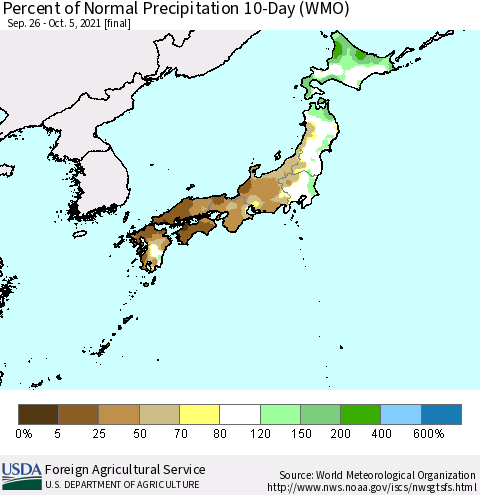 Japan Percent of Normal Precipitation 10-Day (WMO) Thematic Map For 9/26/2021 - 10/5/2021