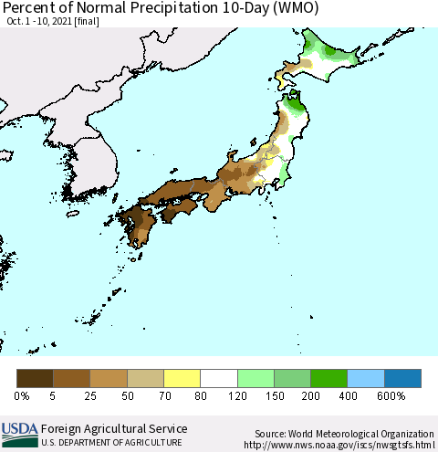 Japan Percent of Normal Precipitation 10-Day (WMO) Thematic Map For 10/1/2021 - 10/10/2021