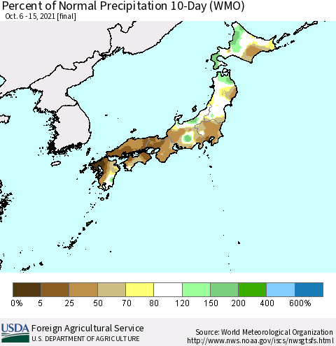 Japan Percent of Normal Precipitation 10-Day (WMO) Thematic Map For 10/6/2021 - 10/15/2021