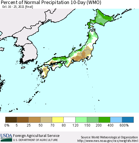 Japan Percent of Normal Precipitation 10-Day (WMO) Thematic Map For 10/16/2021 - 10/25/2021