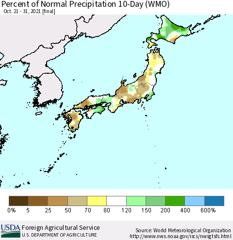 Japan Percent of Normal Precipitation 10-Day (WMO) Thematic Map For 10/21/2021 - 10/31/2021