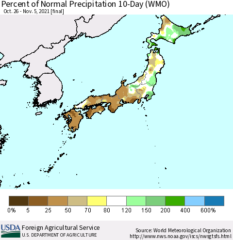 Japan Percent of Normal Precipitation 10-Day (WMO) Thematic Map For 10/26/2021 - 11/5/2021