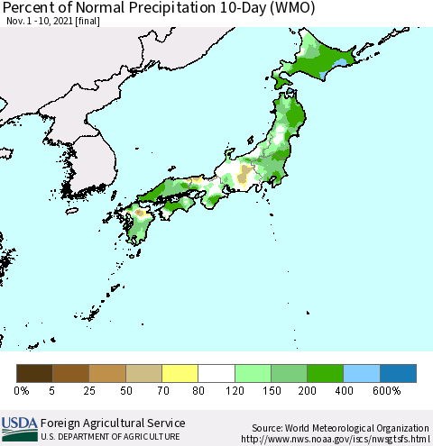 Japan Percent of Normal Precipitation 10-Day (WMO) Thematic Map For 11/1/2021 - 11/10/2021