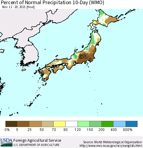 Japan Percent of Normal Precipitation 10-Day (WMO) Thematic Map For 11/11/2021 - 11/20/2021