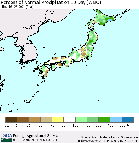 Japan Percent of Normal Precipitation 10-Day (WMO) Thematic Map For 11/16/2021 - 11/25/2021