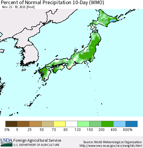 Japan Percent of Normal Precipitation 10-Day (WMO) Thematic Map For 11/21/2021 - 11/30/2021