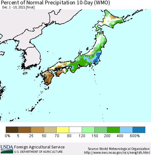 Japan Percent of Normal Precipitation 10-Day (WMO) Thematic Map For 12/1/2021 - 12/10/2021