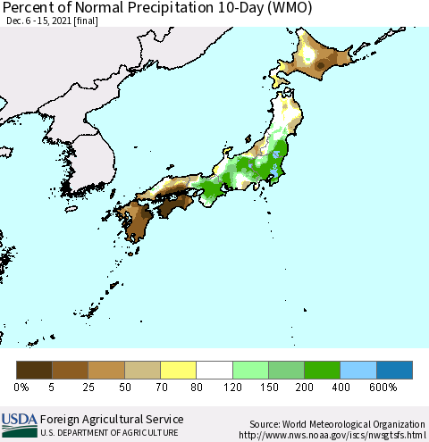 Japan Percent of Normal Precipitation 10-Day (WMO) Thematic Map For 12/6/2021 - 12/15/2021