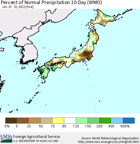 Japan Percent of Normal Precipitation 10-Day (WMO) Thematic Map For 1/16/2022 - 1/25/2022
