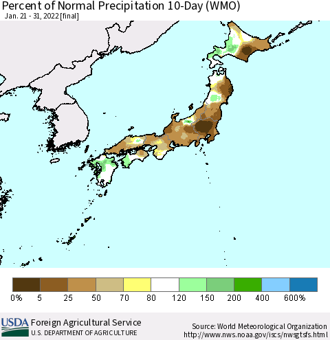Japan Percent of Normal Precipitation 10-Day (WMO) Thematic Map For 1/21/2022 - 1/31/2022