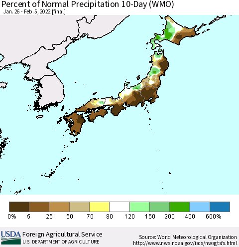 Japan Percent of Normal Precipitation 10-Day (WMO) Thematic Map For 1/26/2022 - 2/5/2022