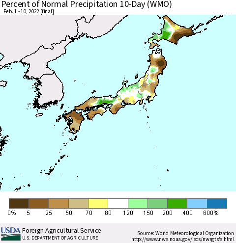 Japan Percent of Normal Precipitation 10-Day (WMO) Thematic Map For 2/1/2022 - 2/10/2022