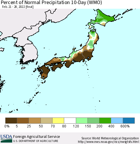 Japan Percent of Normal Precipitation 10-Day (WMO) Thematic Map For 2/21/2022 - 2/28/2022
