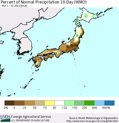 Japan Percent of Normal Precipitation 10-Day (WMO) Thematic Map For 3/1/2022 - 3/10/2022