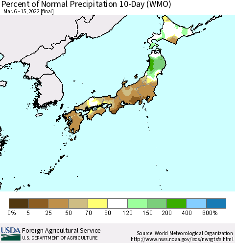 Japan Percent of Normal Precipitation 10-Day (WMO) Thematic Map For 3/6/2022 - 3/15/2022