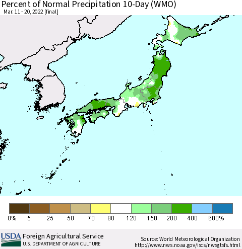 Japan Percent of Normal Precipitation 10-Day (WMO) Thematic Map For 3/11/2022 - 3/20/2022