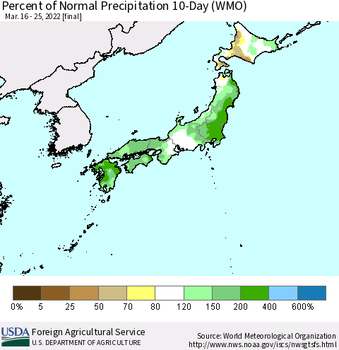 Japan Percent of Normal Precipitation 10-Day (WMO) Thematic Map For 3/16/2022 - 3/25/2022