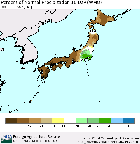 Japan Percent of Normal Precipitation 10-Day (WMO) Thematic Map For 4/1/2022 - 4/10/2022