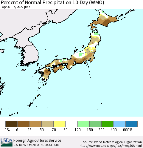 Japan Percent of Normal Precipitation 10-Day (WMO) Thematic Map For 4/6/2022 - 4/15/2022