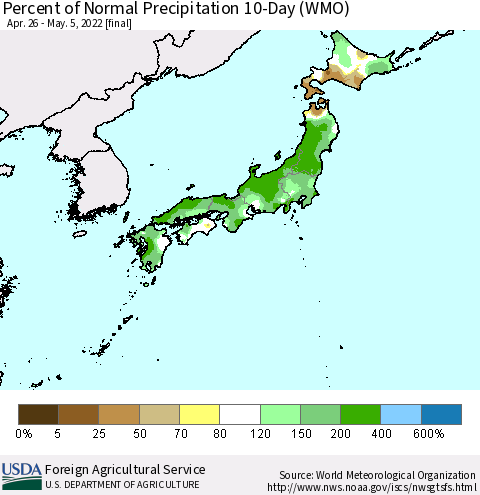 Japan Percent of Normal Precipitation 10-Day (WMO) Thematic Map For 4/26/2022 - 5/5/2022