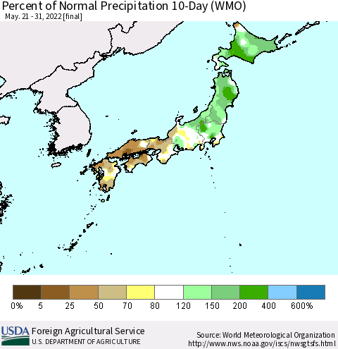 Japan Percent of Normal Precipitation 10-Day (WMO) Thematic Map For 5/21/2022 - 5/31/2022