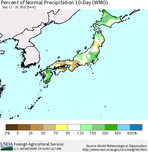 Japan Percent of Normal Precipitation 10-Day (WMO) Thematic Map For 9/11/2022 - 9/20/2022
