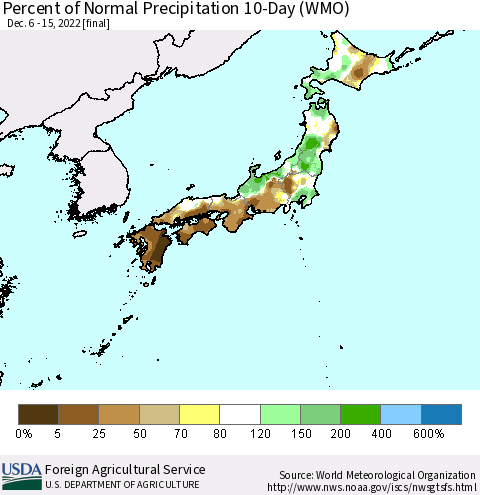 Japan Percent of Normal Precipitation 10-Day (WMO) Thematic Map For 12/6/2022 - 12/15/2022