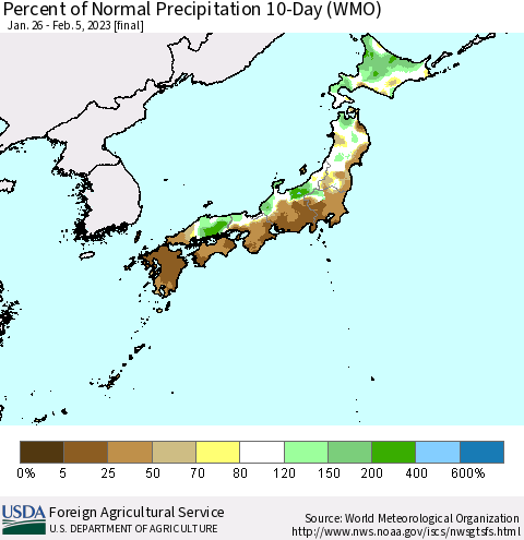 Japan Percent of Normal Precipitation 10-Day (WMO) Thematic Map For 1/26/2023 - 2/5/2023