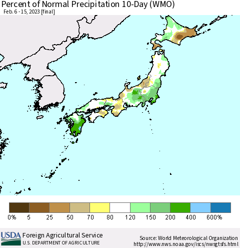 Japan Percent of Normal Precipitation 10-Day (WMO) Thematic Map For 2/6/2023 - 2/15/2023