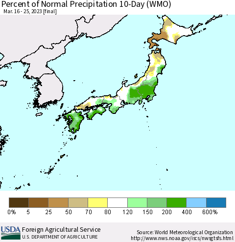 Japan Percent of Normal Precipitation 10-Day (WMO) Thematic Map For 3/16/2023 - 3/25/2023
