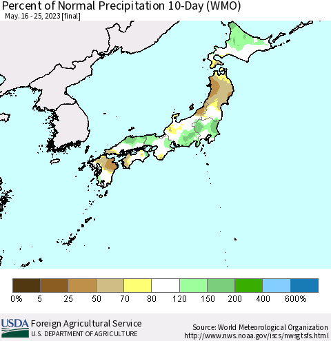 Japan Percent of Normal Precipitation 10-Day (WMO) Thematic Map For 5/16/2023 - 5/25/2023