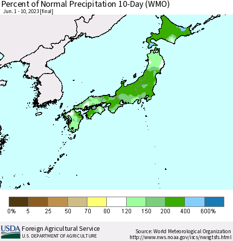 Japan Percent of Normal Precipitation 10-Day (WMO) Thematic Map For 6/1/2023 - 6/10/2023