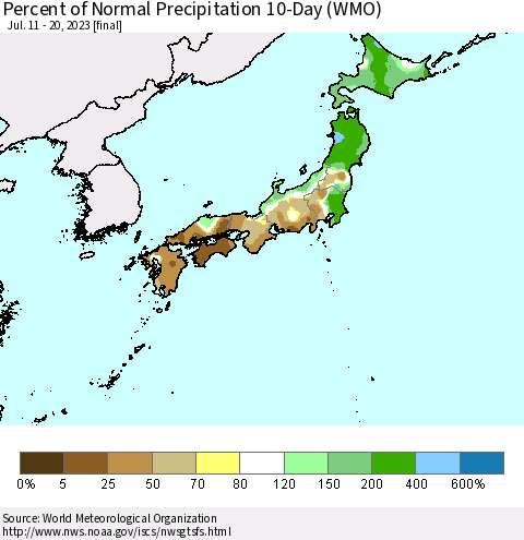 Japan Percent of Normal Precipitation 10-Day (WMO) Thematic Map For 7/11/2023 - 7/20/2023