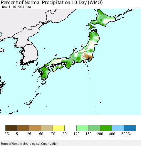 Japan Percent of Normal Precipitation 10-Day (WMO) Thematic Map For 11/1/2023 - 11/10/2023