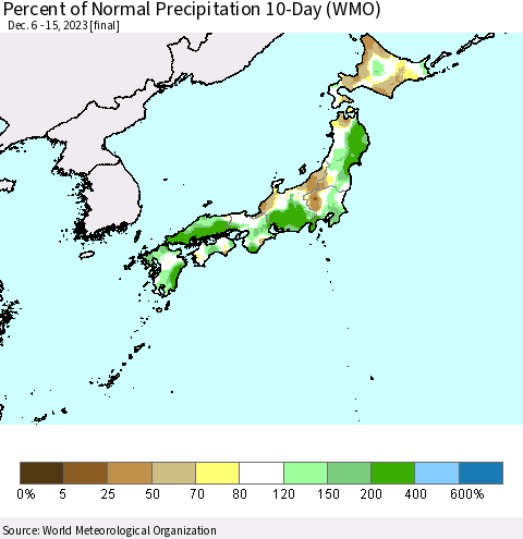 Japan Percent of Normal Precipitation 10-Day (WMO) Thematic Map For 12/6/2023 - 12/15/2023