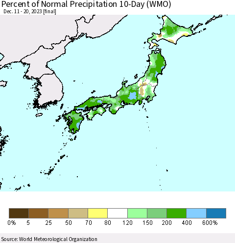 Japan Percent of Normal Precipitation 10-Day (WMO) Thematic Map For 12/11/2023 - 12/20/2023