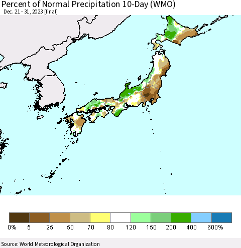 Japan Percent of Normal Precipitation 10-Day (WMO) Thematic Map For 12/21/2023 - 12/31/2023