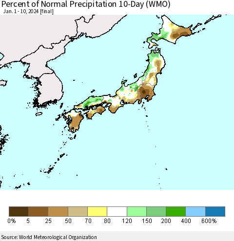 Japan Percent of Normal Precipitation 10-Day (WMO) Thematic Map For 1/1/2024 - 1/10/2024