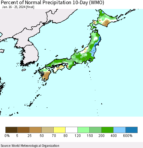 Japan Percent of Normal Precipitation 10-Day (WMO) Thematic Map For 1/16/2024 - 1/25/2024