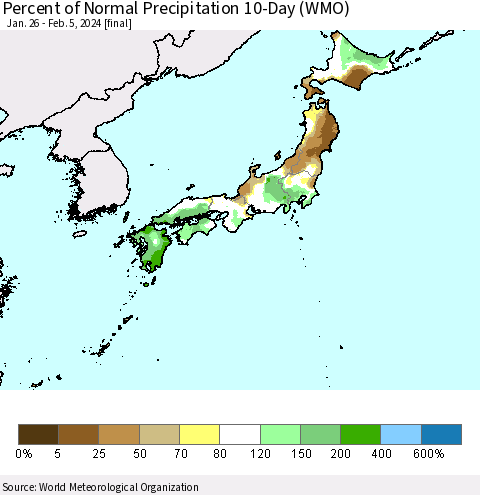 Japan Percent of Normal Precipitation 10-Day (WMO) Thematic Map For 1/26/2024 - 2/5/2024