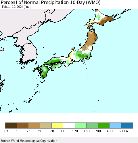 Japan Percent of Normal Precipitation 10-Day (WMO) Thematic Map For 2/1/2024 - 2/10/2024