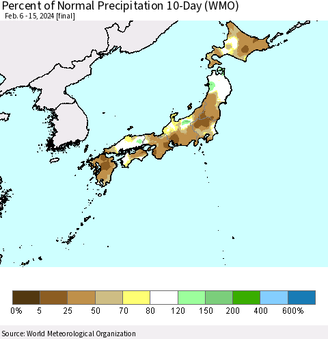 Japan Percent of Normal Precipitation 10-Day (WMO) Thematic Map For 2/6/2024 - 2/15/2024