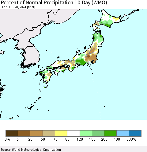 Japan Percent of Normal Precipitation 10-Day (WMO) Thematic Map For 2/11/2024 - 2/20/2024