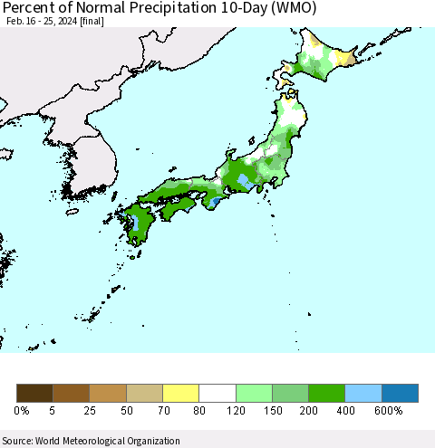 Japan Percent of Normal Precipitation 10-Day (WMO) Thematic Map For 2/16/2024 - 2/25/2024