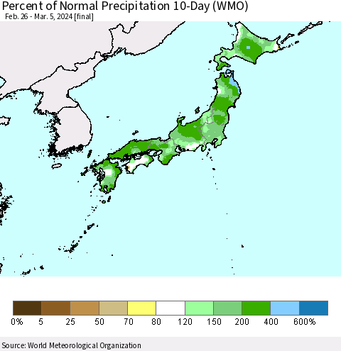 Japan Percent of Normal Precipitation 10-Day (WMO) Thematic Map For 2/26/2024 - 3/5/2024