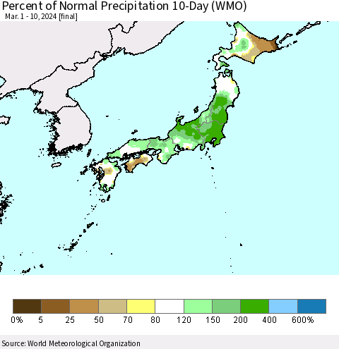 Japan Percent of Normal Precipitation 10-Day (WMO) Thematic Map For 3/1/2024 - 3/10/2024
